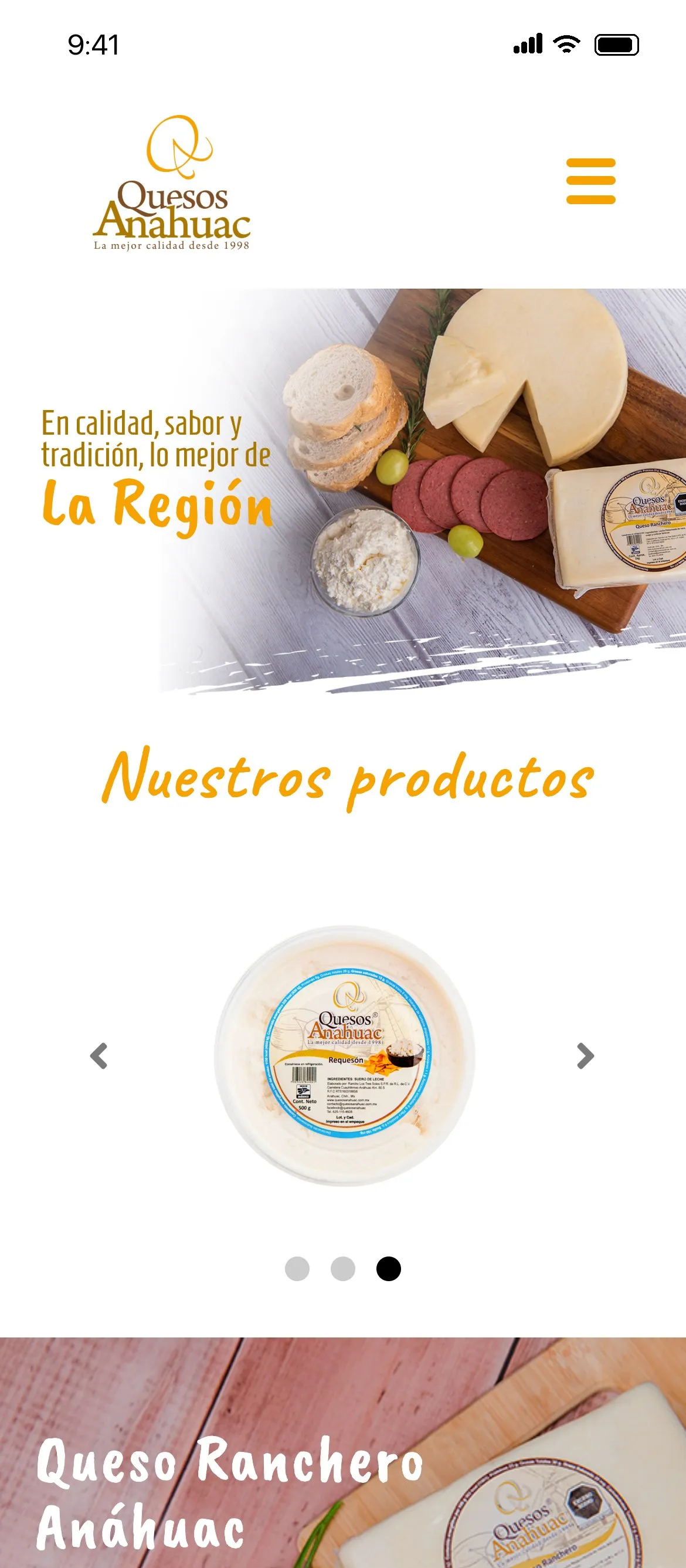 Mobile version of the website for Quesos Anáhuac