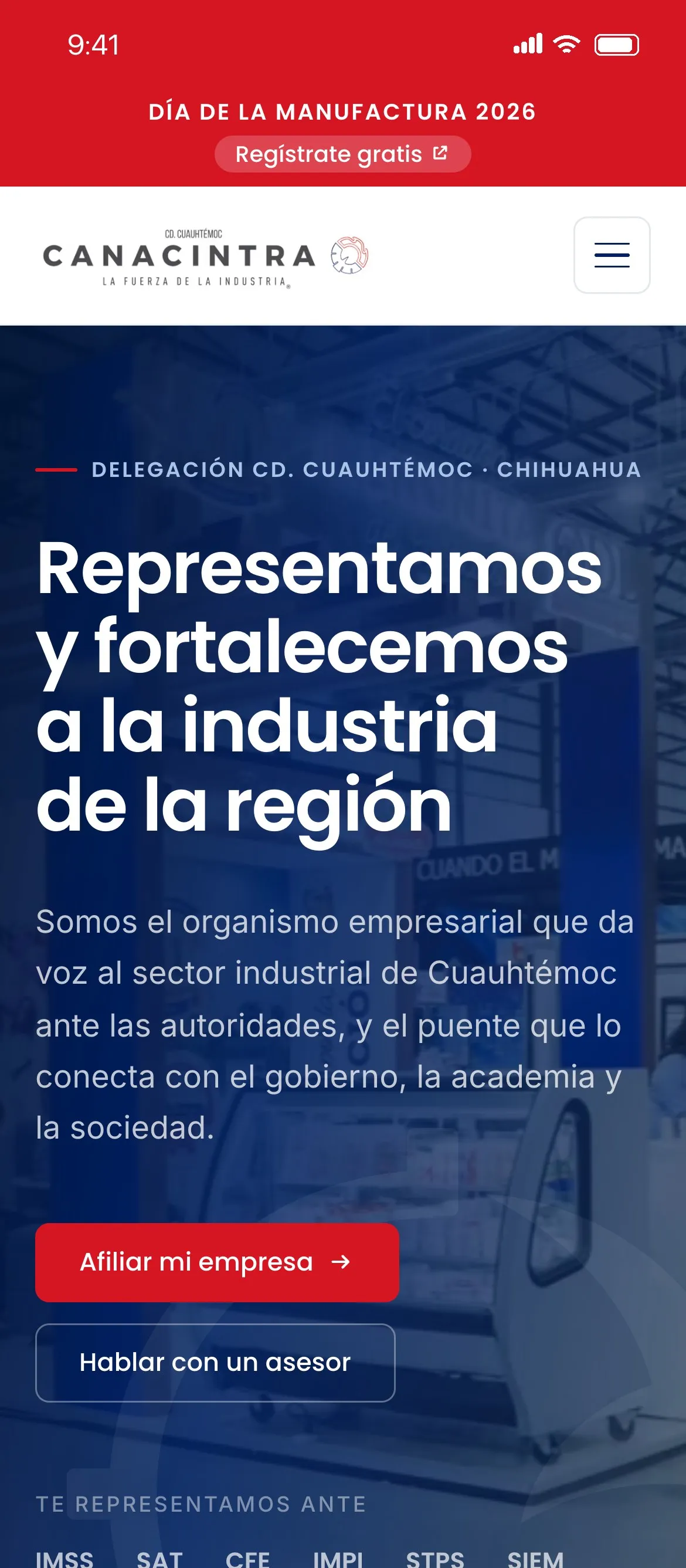 Mobile version of the website for Canacintra Cuauhtémoc