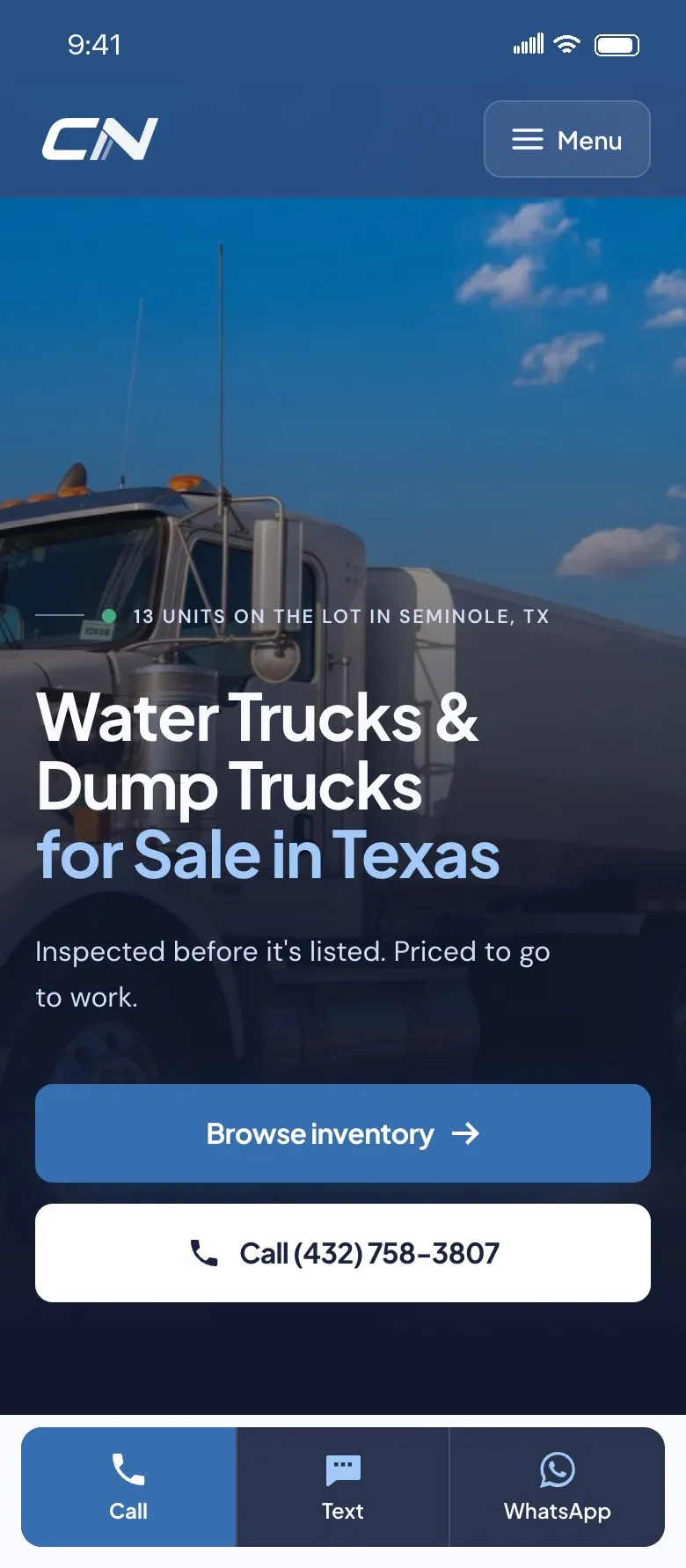 Mobile version of the website for CN Trucks