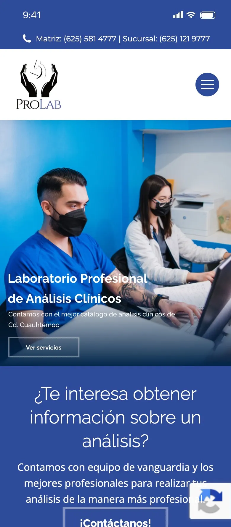 Mobile version of the website for Prolab